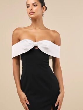Altar'd State Black Dress with Ivory Bow & Rhinestone Accent
